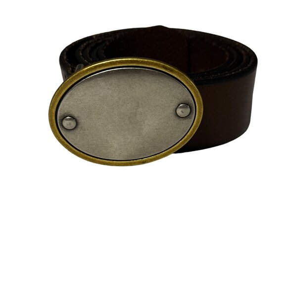 Fossil size L 43.5” long silver and goldtone buckle brown leather belt EUC - Picture 1 of 8